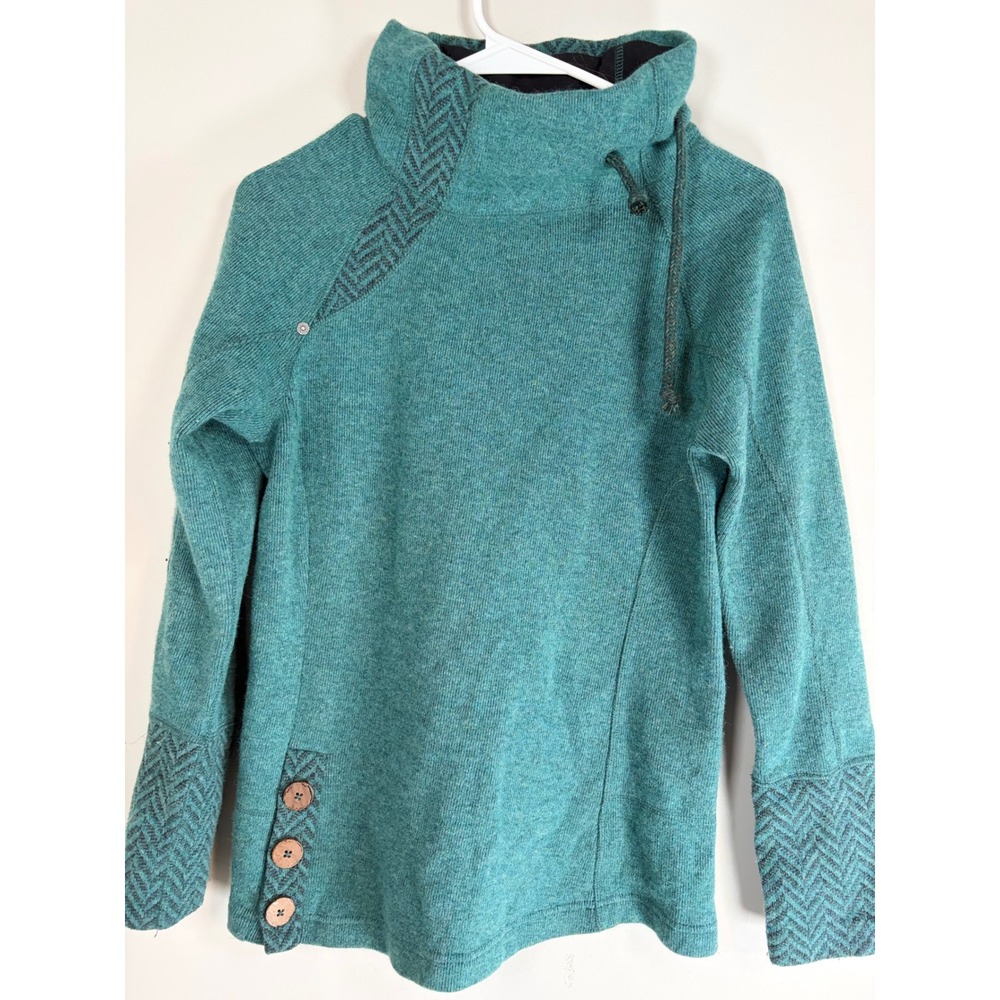 Prana Milani Teal Wool Blend Chevron Embroidered Funnel Neck Sweater XS